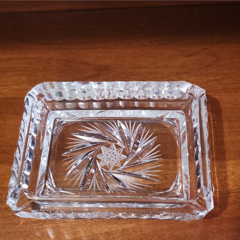 Clear Cut Glass Rectangle Ashtray, Starburst Design, Clear Glass Cut Style